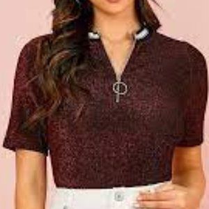 Striped Neck Zip Half Placket Glitter Top